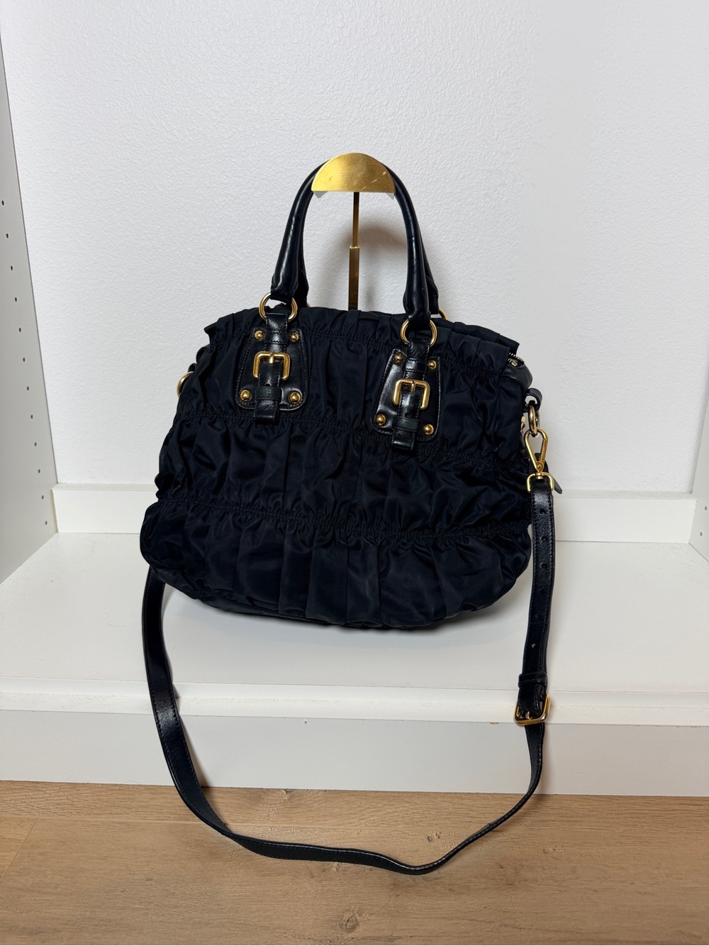 AUTHENTIC Prada Tessuto Black Nylon Ruched Shoulder Bag with Gold Hardware - Picture 2 of 16